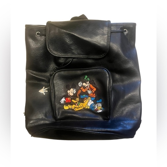WALT DISNEY WORLD Black PVC Vintage 90's Embroidered Backpack - Picture 1 of 10